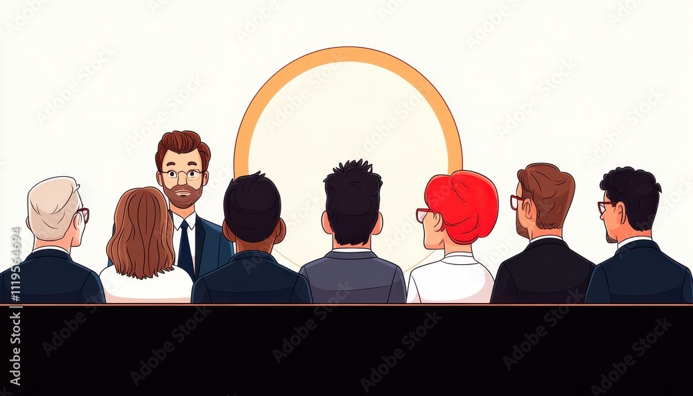 Poster a group of diverse individuals attentively listens to a presenter in a professional setting, emphasi