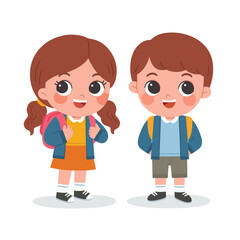 Children in school uniforms are standing together, smiling. 