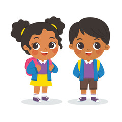 Children in school uniforms are standing together, smiling.