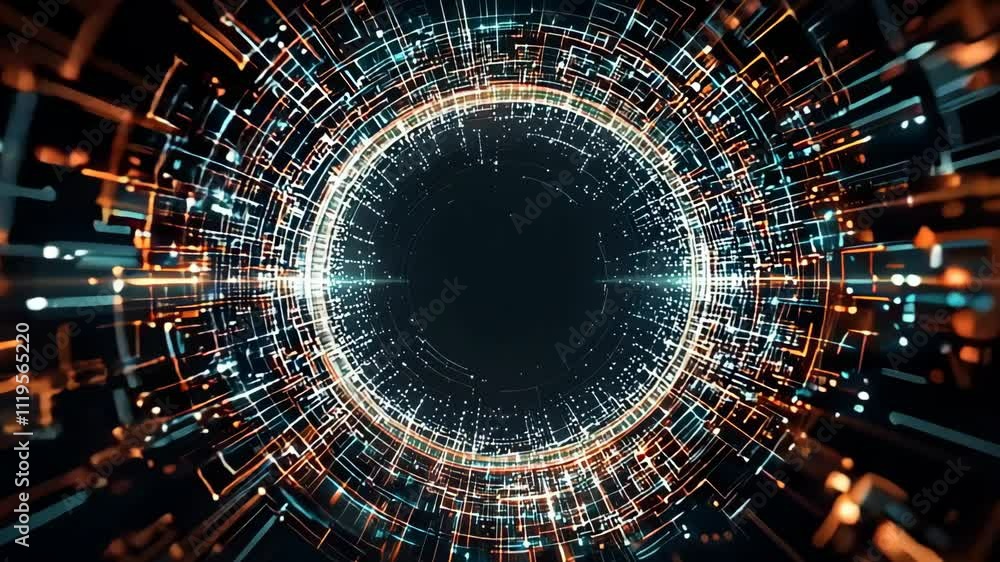 Poster glowing particles fill a digital tunnel, creating a seamless loop animation. the flight through abst