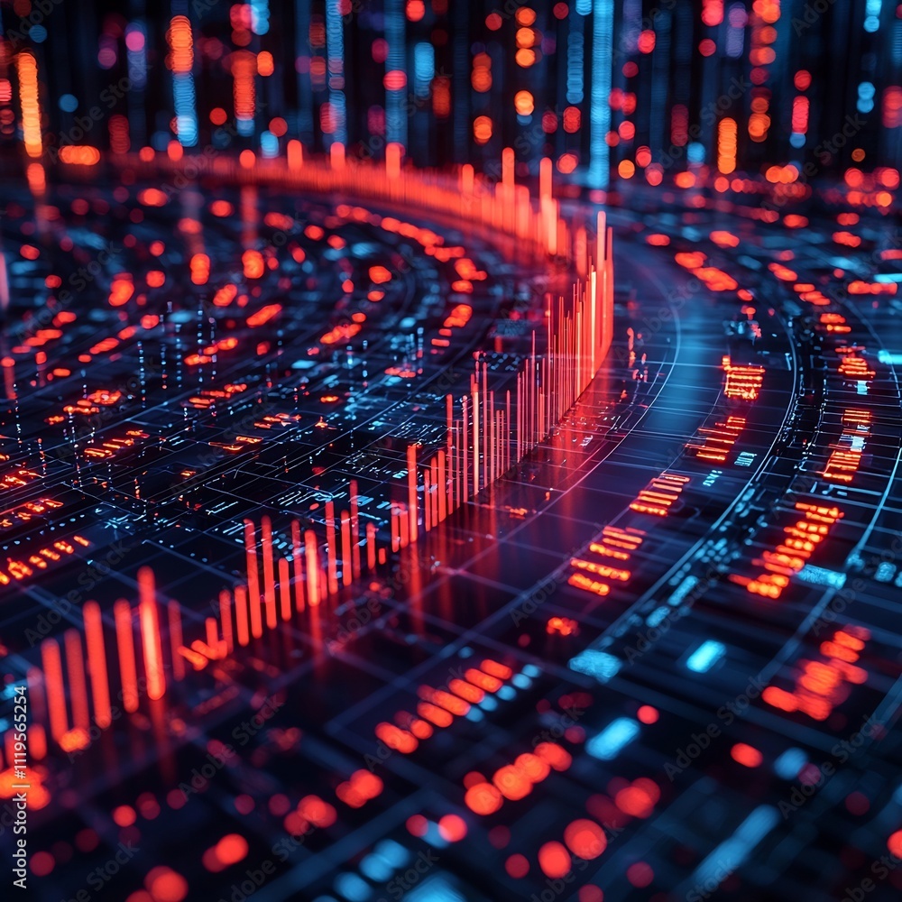 Poster dynamic 3d data visualization graph over futuristic cityscape with glowing bars and lines