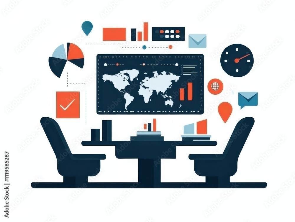Poster a modern office workspace featuring a large screen displaying data visualizations, graphs, and a wor