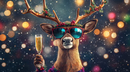 A festive reindeer with decorated antlers, stylish sunglasses, and a glass of champagne radiates holiday cheer and cool vibes.