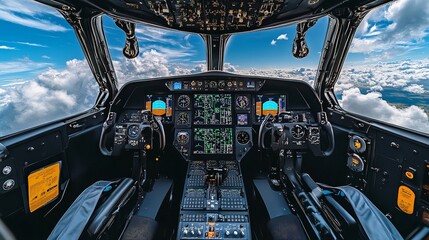 Cockpit Interior with Flight Controls and Panoramic View of Clouds and Horizon on Clear Day