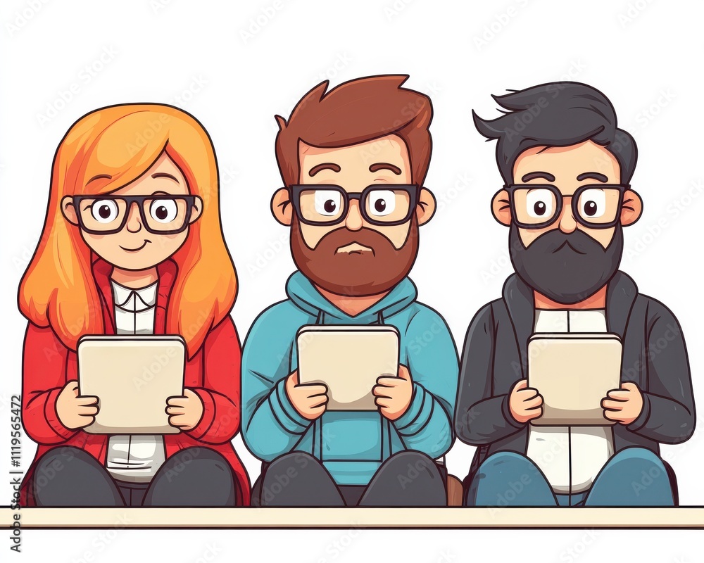 Poster a group of people having a discussion. three cartoon characters with glasses are sitting side by sid