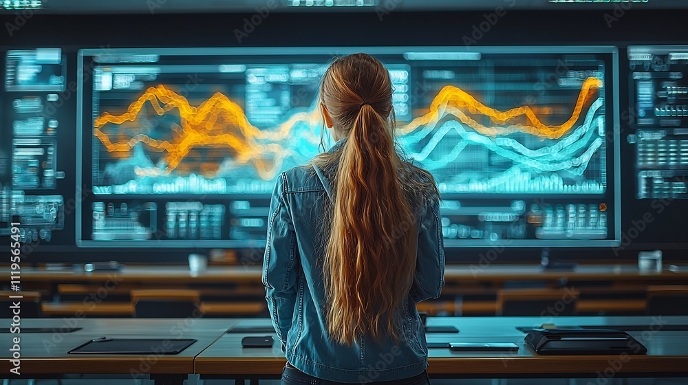 Poster student analyzing futuristic data graph in digital classroom concept