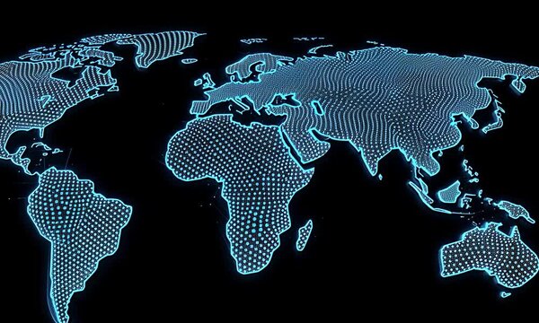 Glowing blue digital world map with connections