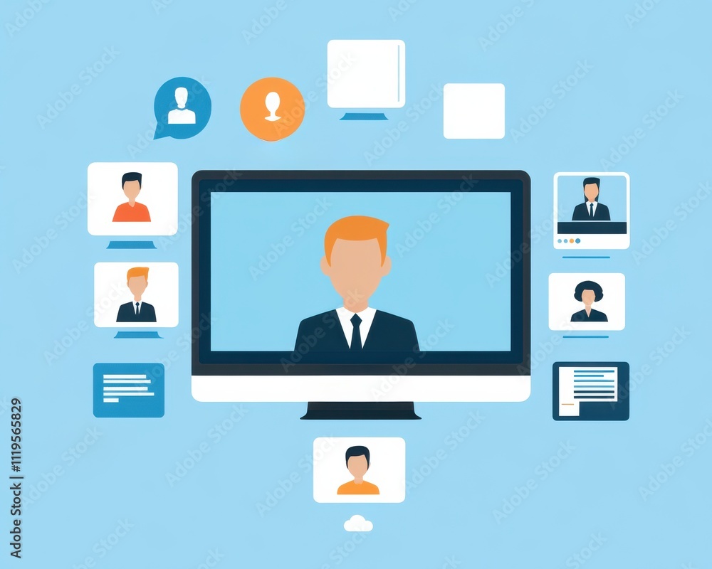 Leinwandbilder A group of people having a discussion. A digital illustration showing a virtual meeting setup with a central monitor and various user icons around, symbolizing online communication and collaboration.