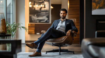 Confident businessman in a stylish suit, seated in a luxury leather chair in a modern office, exuding success and professionalism in a sophisticated, upscale workspace with contemporary decor.
