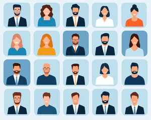 A grid of diverse, illustrated faces representing various genders, hairstyles, and expressions, suitable for team or character representation.