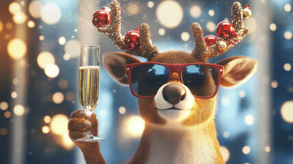 A festive reindeer with decorated antlers, stylish sunglasses, and a glass of champagne radiates holiday cheer and cool vibes.