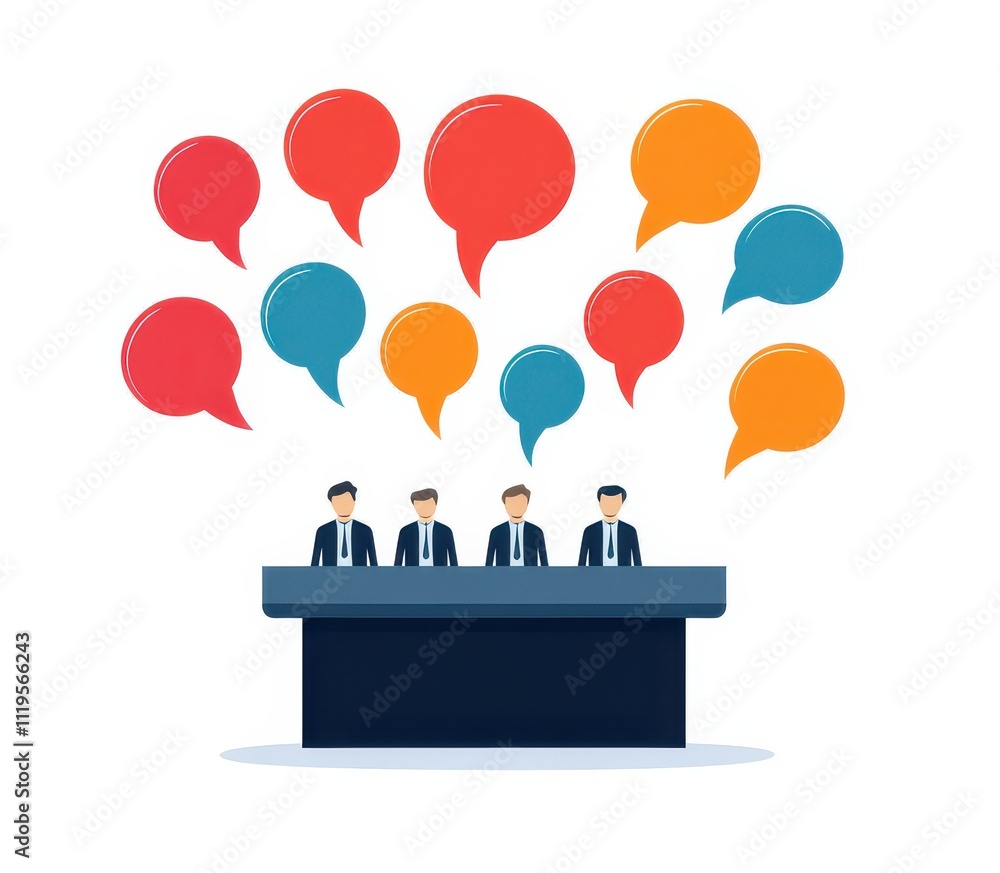 Poster A group of people having a discussion. Four professionals seated at a table with colorful speech bubbles above, suggesting discussion or brainstorming.