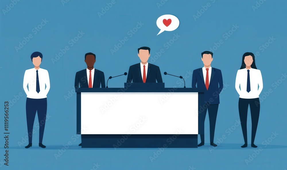 Poster a group of diverse professionals stands behind a podium, with one speaker expressing enthusiasm, sym