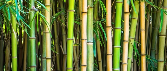 Fototapeta premium Eco-awareness Concept. A dense cluster of tall, green bamboo stalks, showcasing varying shades of green and yellow, creating a serene and natural atmosphere.