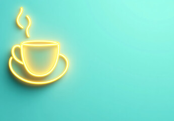 Neon coffee cup design on a bright turquoise background creating a vibrant and modern atmosphere...