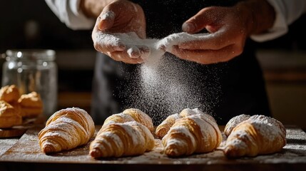 Baker dusting powdered sugar on croissants.