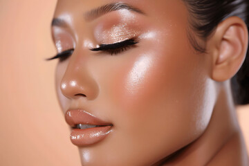 Obraz premium A close-up of a woman with glowing natural makeup featuring soft freckles and dewy skin on Peach Background