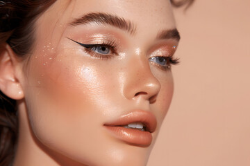 Fototapeta premium A close-up of a woman showcasing glowing, dewy skin with soft freckles and minimal makeup. The warm peach background enhances the natural tones, emphasizing a fresh and youthful appearance.