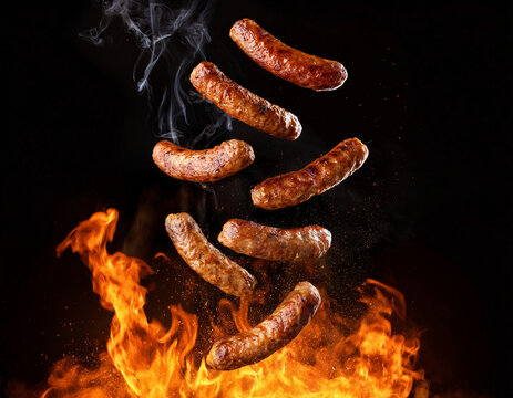 Multiple grilled cevapcici or sausages are suspended in the air with rising smoke while flames burn beneath them against a dark background.