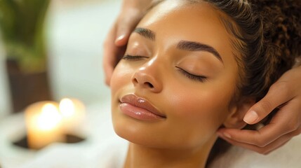 Close-up of a young woman enjoying a rejuvenating scalp massage with foamy soap in her hair, her eyes closed and a serene smile, surrounded by soft green tones for a calming spa vibe