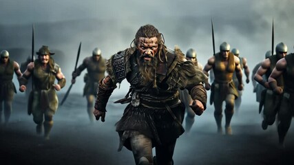 Gallowglass warrior, Norse-Gaelic clans of Ireland and Scotland, muscular and with battle scars, walking in the battlefield

 - Powered by Adobe