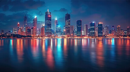 Obraz premium A stunning city skyline at night, bright lights illuminating the buildings.