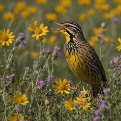A meadowlark singing in a field of wildflowers.