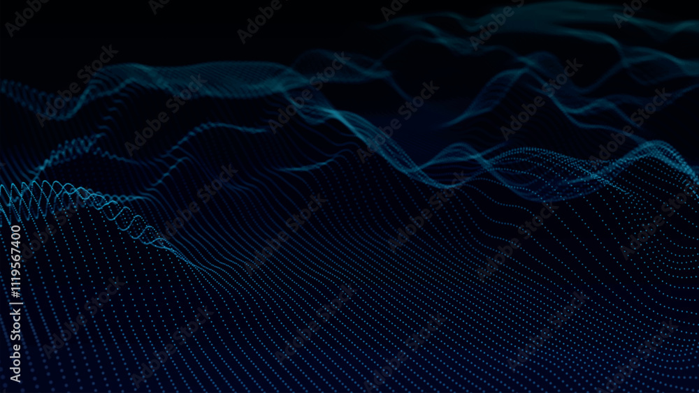 Poster futuristic point wave of particles. visualization of sound waves. dark background. technology or sci