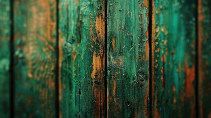 Obraz premium Rustic wood planks with a vibrant green blurred background