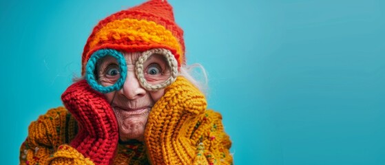 A colorful, knitted outfit wraps a smiling elderly individual, blending whimsy with warmth against a bright teal background.