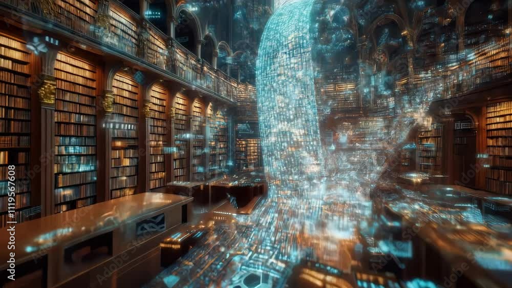 Poster wave of data is flowing through an old library filled with books. the digital information illuminate