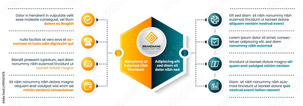Poster infographic template with icons and eight options. hexagon shape as space for logo and title. can be