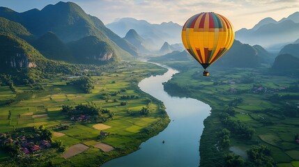 Naklejka premium Hot air balloon soaring over scenic river valley at sunrise.