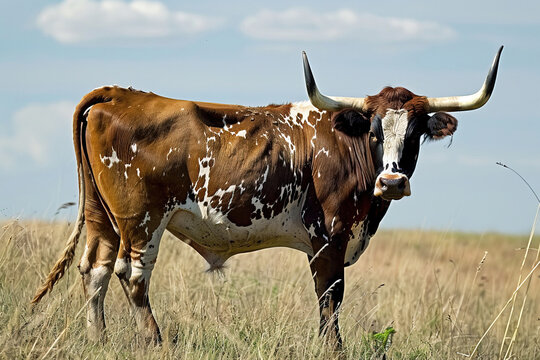 Corriente cow grazing peacefully in the field under a clear blue sky during daytime