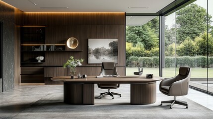 Modern luxury home office with large wooden desk, leather chairs, and garden view.