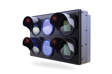 Modern traffic light showing green go signal on white background