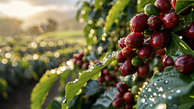 Ripe and unripe coffee cherries on a coffee plant. Agricultural harvest and farming concept.


