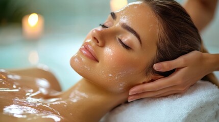 Naklejka premium Close-up of a young woman enjoying a rejuvenating scalp massage with foamy soap in her hair, her eyes closed and a serene smile, surrounded by soft green tones for a calming spa vibe