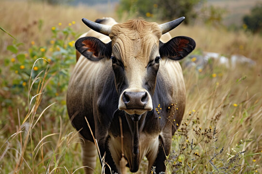 A Busha cow stands in a grassy field with wildflowers on a sunny day
