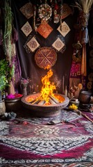 Obraz premium A ceremonial fire surrounded by cultural artifacts and textiles in a sacred space.