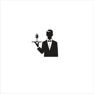recommend clip art: Black and white silhouette of a waiter wearing a bow tie, holding a tray with a wine glass. Perfect for concepts of hospitality, service, and luxury dining experiences.