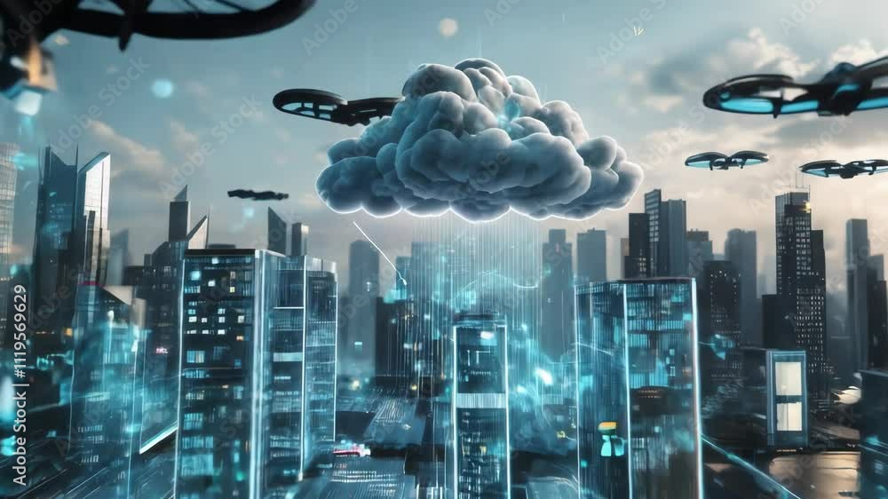 Poster drones soar over a futuristic city skyline at sunset, creating a network of digital rain that connec