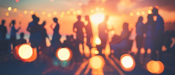 A lively beach party unfolds at sunset with silhouetted figures against a vivid backdrop of orange and pink hues, highlighting energy and joy.