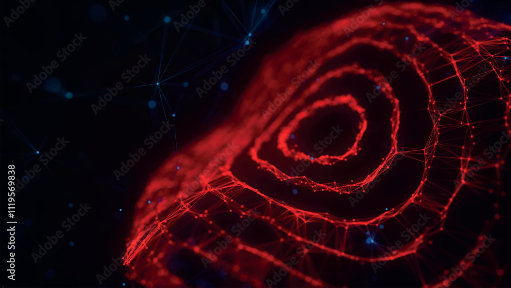 Poster futuristic dotted, circular particle wave. sound waves visualization. dark background. technology or