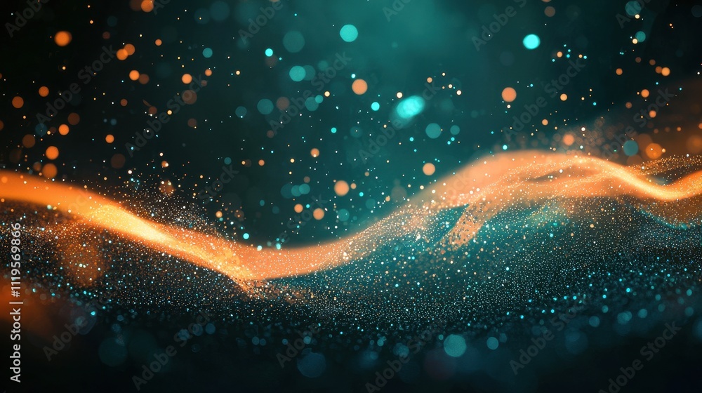 Poster elegant dark grainy background with dynamic colorful particles and soft flowing waves