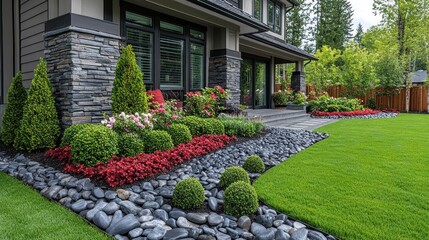 Fototapeta premium Lush landscaping design featuring a modern home's exterior, showcasing vibrant flowers, manicured shrubs, and grey river rocks.