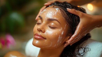 Close-up of a young woman enjoying a rejuvenating scalp massage with foamy soap in her hair, her eyes closed and a serene smile, surrounded by soft green tones for a calming spa vibe