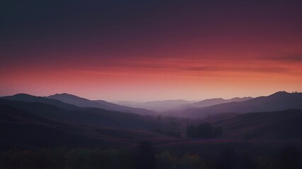 Fototapeta premium A serene sunset landscape showcasing layered, tree-covered hills fading into the horizon with a gradient sky transitioning from deep purple to golden orange. Generative AI