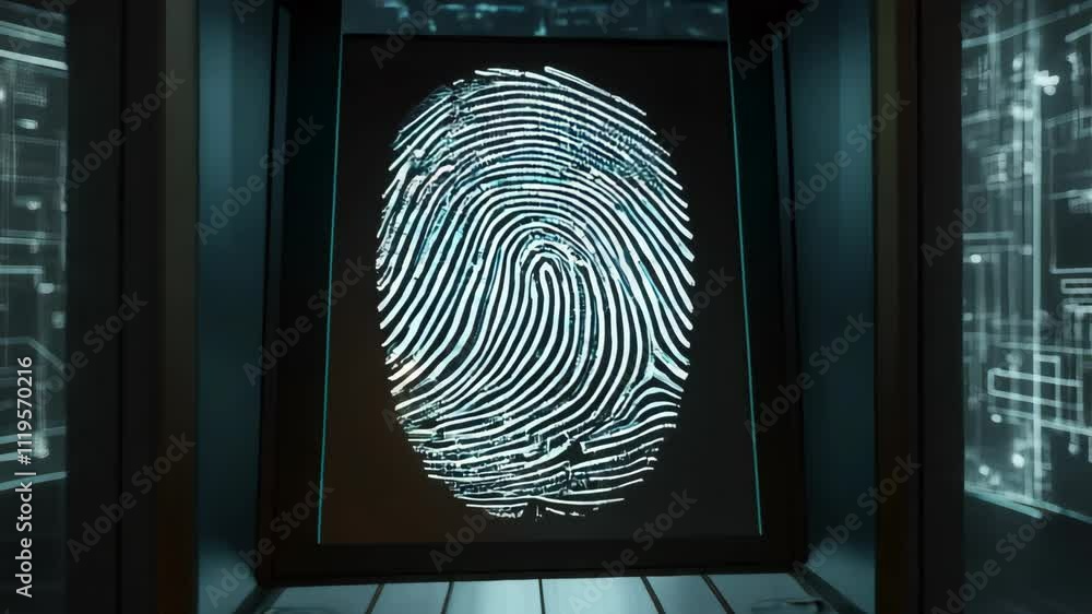 Poster futuristic fingerprint scanner is analyzing biometric data in a technological environment. digital i