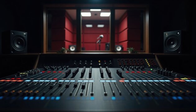 A modern recording studio featuring a sound mixing console, speakers, and a vocalist in a soundproof booth.